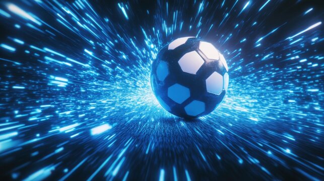 Dynamic Soccer Ball Illustration with Glowing Blue Light Trail Effect