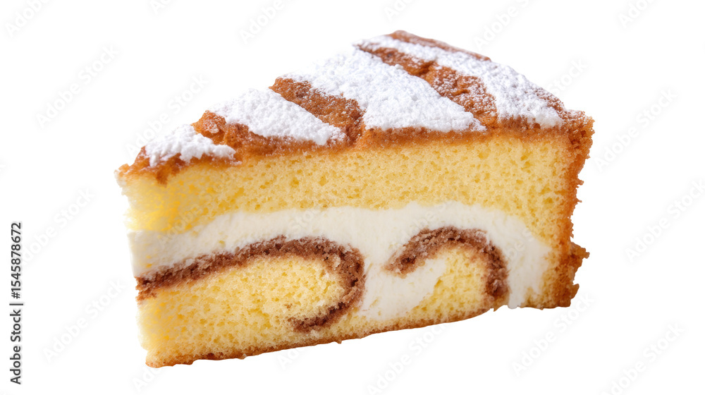 Poster slice of isolated cake on transparent background with powdered sugar topping