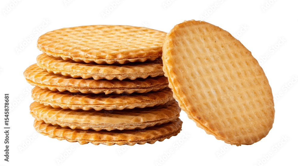 Poster round waffle cookies isolated on transparent background with one cookie leaning on stack
