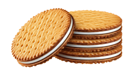 Cream sandwich cookie isolated on transparent background with stack of sweet biscuits