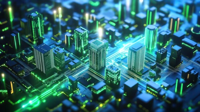 Futuristic city skyline integrated with circuit board technology, glowing green lines.