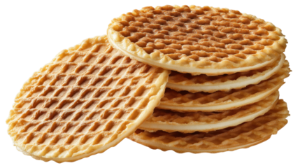 Round waffle cookie stack isolated on transparent background with crispy texture