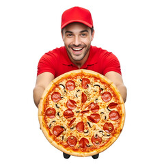 A delicious pepperoni pizza, a tasty fast food meal with mozzarella and sausage, held by a delivery man top view