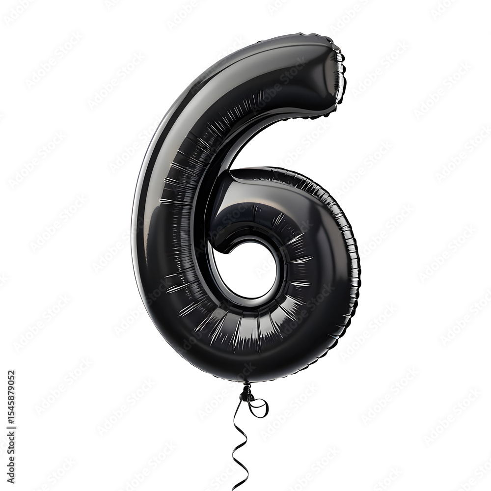 Fototapete a balloon shaped like the number 6,matte black metallic finish with realistic reflections and smooth