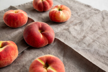 Fresh juicy ripe fig peaches, side view. Copy space.