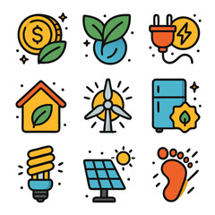 Energy efficiency icons for ecofriendly and sustainable living. Perfect for energysaving websites, sustainability blogs, and environmental presentations.