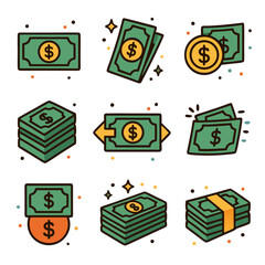 money illustrations perfect for financial concepts, design projects, ads, childrens books, and educational materials.