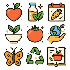 Organic vegan icons for healthy eating, environmentalism, nine colorful designs. Suitable for web, social media, packaging, print, presentations.