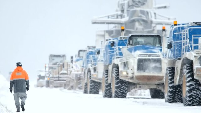 A worker in an orange jacket near snow-covered construction vehicles