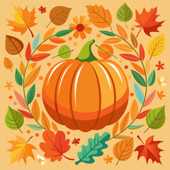 Naklejka premium Pumpkin with Fall Leaves Around It – Cozy Autumn Season Illustration