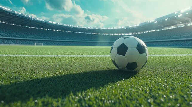 A soccer ball sits stationary on the lush green turf of a large stadium