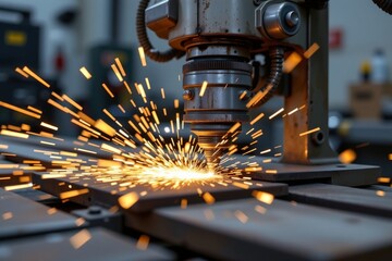 metal milling machine cutting steel with sparks, 4k sharp professional photo.