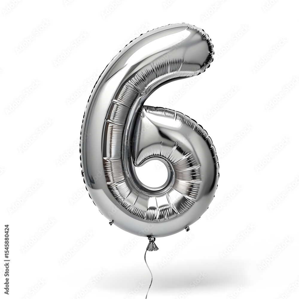 Fototapete a balloon shaped like the number 6 ,silver metallic finish with realistic reflections and smooth tex