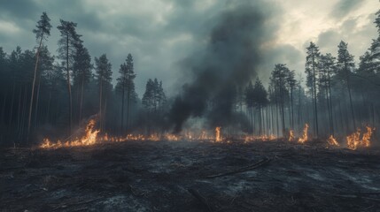 burning forest with smoke rising into the sky, environmental devastation,