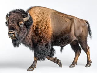 Stickers Bizon A magnificent American bison bull, a large wild mammal with brown fur and horns, is isolated on a white background  © Skskjsh