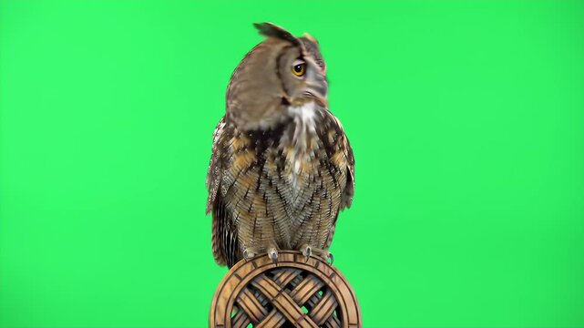 Owl Perched on Ancient Celtic Knot Sculpture Isolated by Green Screen Studio Shot
