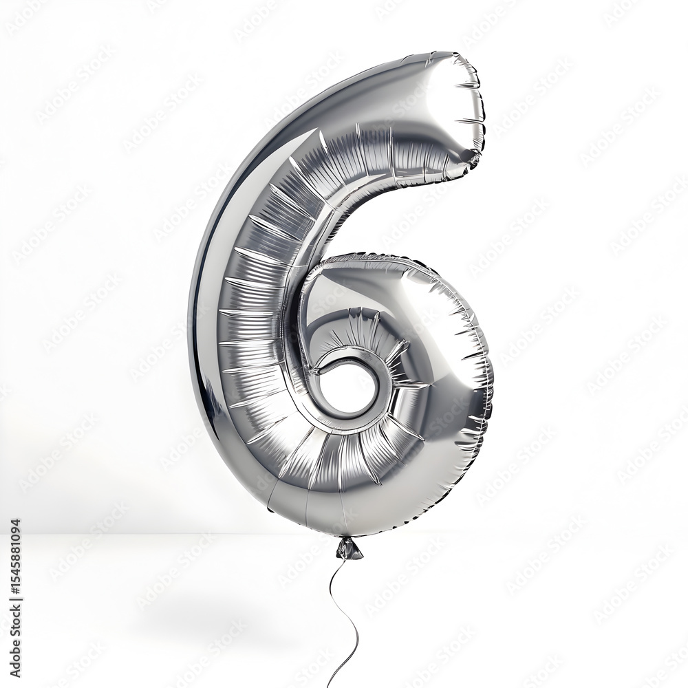 Fototapete a balloon shaped like the number 6 ,silver metallic finish with realistic reflections and smooth tex