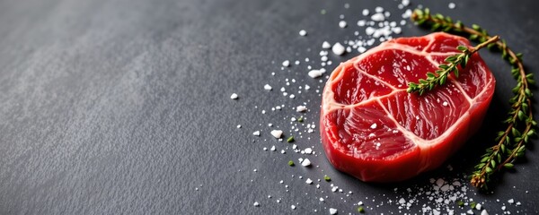 culinary excellence a raw beef steak seasoned with salt and thyme is prominently displayed on the right side of the image