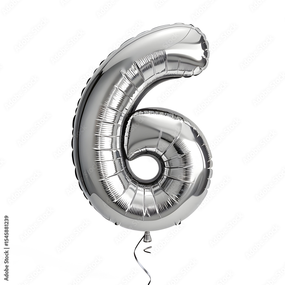 Fototapete a balloon shaped like the number 6 ,silver metallic finish with realistic reflections and smooth tex
