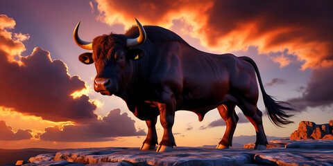 Powerful Bull Against Vibrant Sunset Clouds

