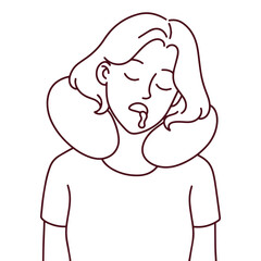 Black and white sketch of young woman sleeping with travel pillow. Ideal for coloring pages, educational materials or editorial illustrations.