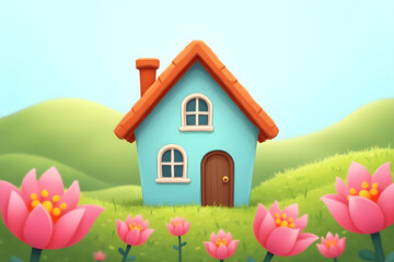 A charming, cartoon-like house with a soft, sky blue facade, warm terracotta roof, and vibrant pink flowers, surrounded by green hills.