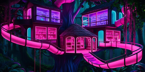 Futuristic treehouse with glowing pink accents and vibrant blue interiors