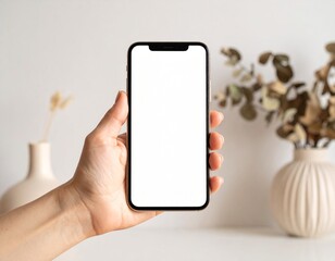 Mockup of a hand holding a smartphone with blank white screen centered on white background. Ideal for app display, UI design, mobile content, and digital marketing presentation.