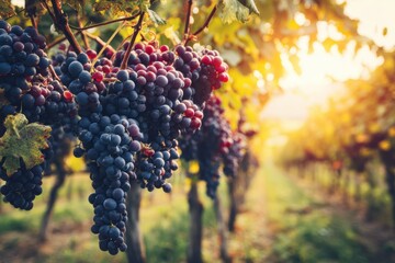Ripe grape clusters hanging in a sunlit vineyard with green leaves and rows of vines stretching into the distance