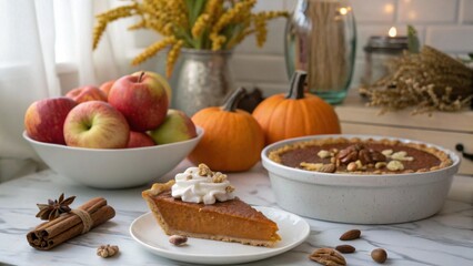 Pumpkin pie slice with apples and pumpkins on a kitchen table  