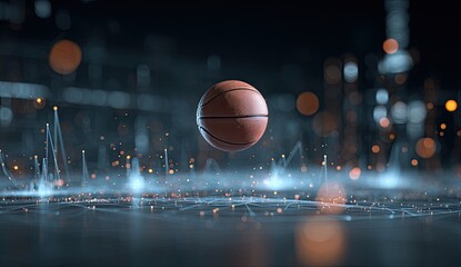 A levitating basketball hovers over a futuristic, glowing cityscape grid, suggesting technological advancement in sports