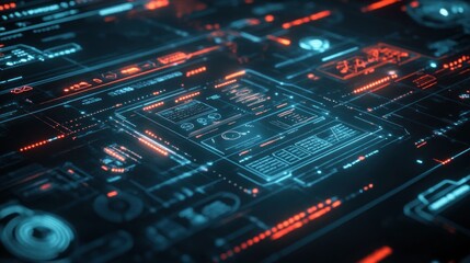 Futuristic digital interface with glowing data displays and complex circuitry.
