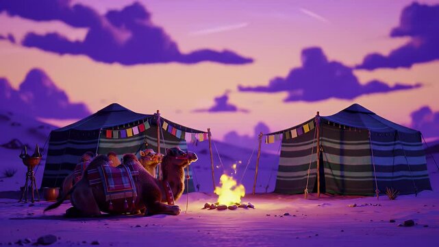 Camel Resting Near Campfire with Desert Tents at Dusk in 3D Animation with Blue and Purple Sky Background