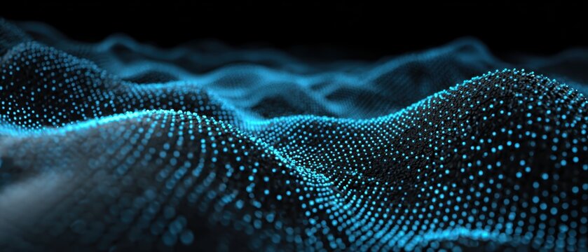Blue glowing dots form abstract digital waves, creating a futuristic landscape on a dark background