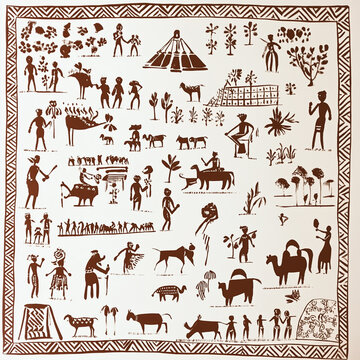Contemporary Warli Art &ndash; White & Brown Minimalist Tribal Figures in Urban Landscape with Modern Elements