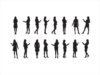 Silhouette collection of businesswomen in various poses representing communication and technology