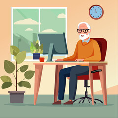 Fototapeta premium Senior man using computer at desk, vector illustration