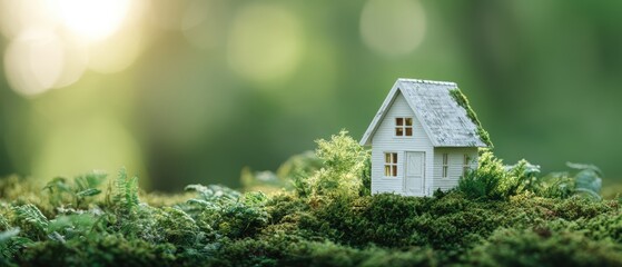 A small white house surrounded by lush green moss and plants, bathed in soft natural sunlight, evokes a peaceful and eco-friendly atmosphere
