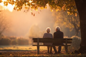 An elderly couple sits together on a park bench under autumn trees, enjoying a peaceful sunset in a serene, natural setting