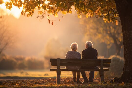 An elderly couple sits together on a park bench under autumn trees, enjoying a peaceful sunset in a serene, natural setting