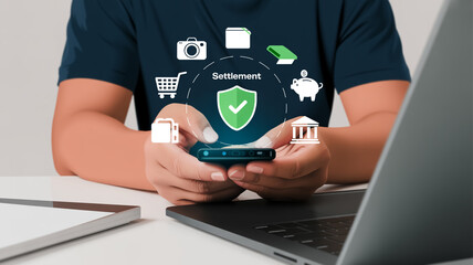 A digital Settlement transaction illustration showing hands holding a smartphone over a laptop keyboard.