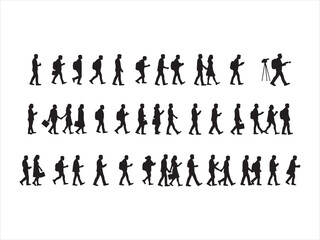 Silhouette illustrations of diverse people walking in various directions and carrying objects