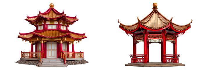 Naklejka premium Set of a traditional Chinese pavilion, red and gold, isolated on a transparent background.
