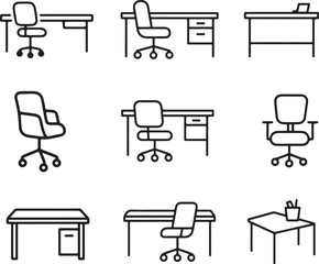 Vector Illustration of Various Office Desks and Chairs