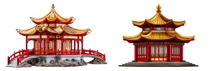 Set of a traditional Chinese pavilion, red and gold, isolated on a transparent background.