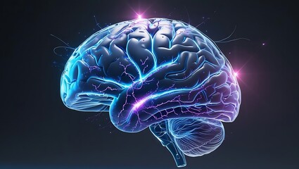 Neon-Illuminated 3D Human Brain with Glowing Neural Networks