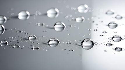 Perfectly Formed Water Droplets on Reflective Grey Surface, Macro Purity