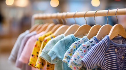 A row of colorful baby clothes on wooden hangers, displayed neatly in a boutique or retail store with a warm, blurred background