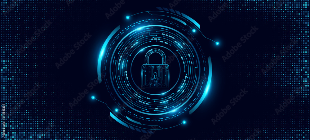 Poster cybersecurity background featuring a glowing digital lock icon with hud circle and electronic elemen