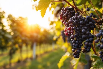 Ripe purple grapes hanging on a vine in a sunlit vineyard during golden hour